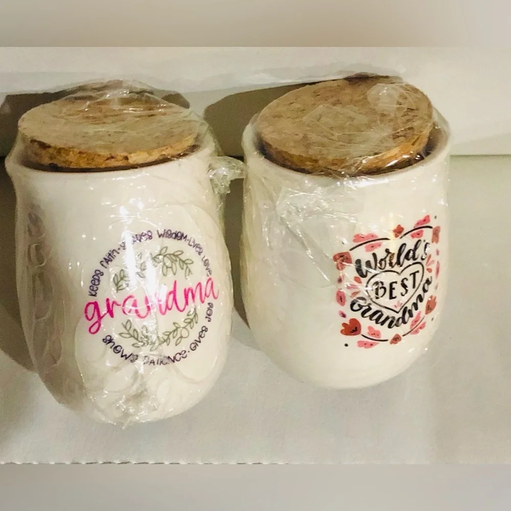 2 world’s best grandma mini cork topped‎ ceramic jars new